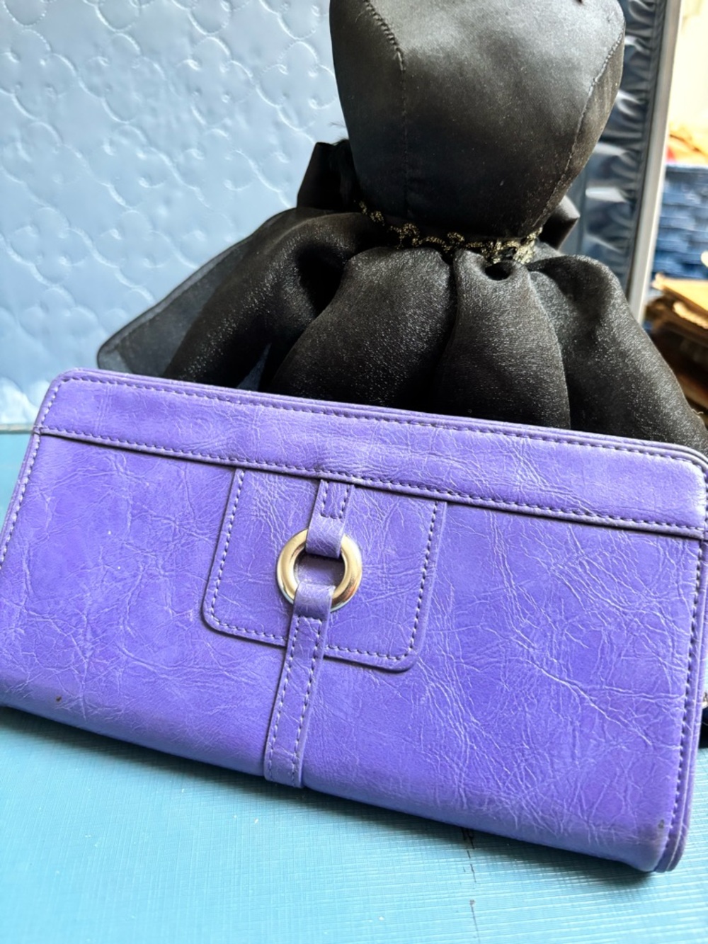 Purple Faux Leather Wallet with Gold Ring Accent